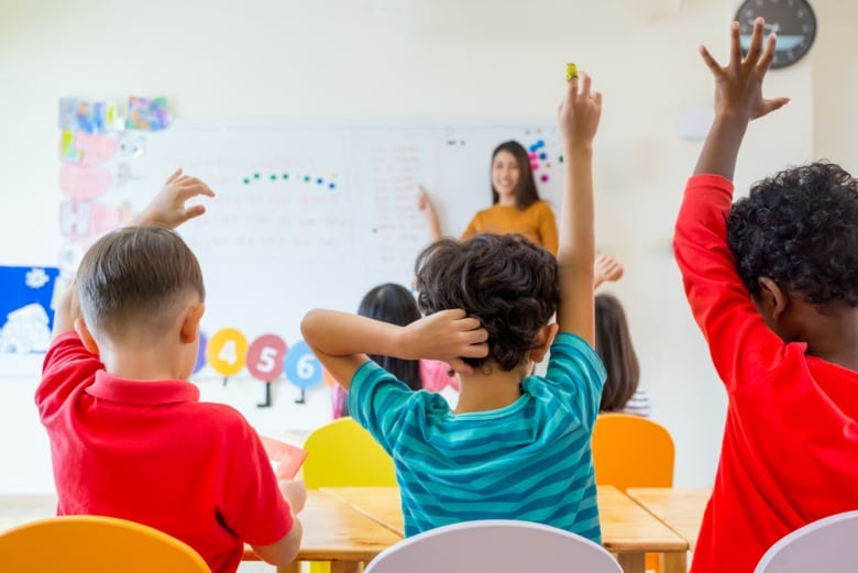 Groups of kids raise their hands in a classroom.