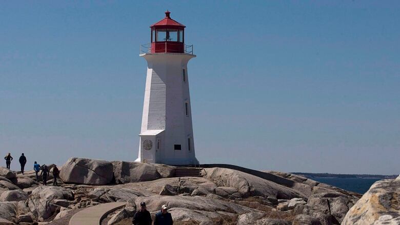 A lighthouse sits on a rocky hill. 