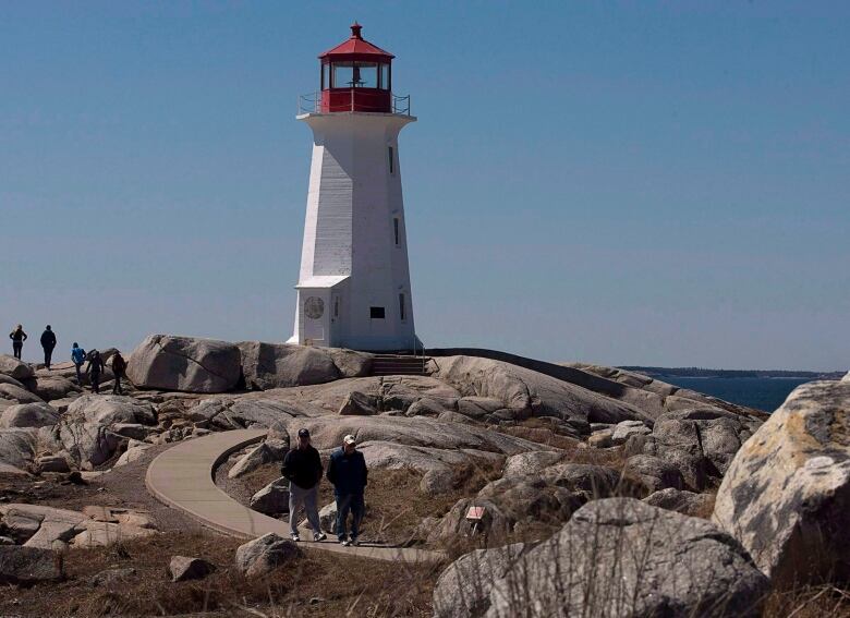 A lighthouse sits on a rocky hill. 