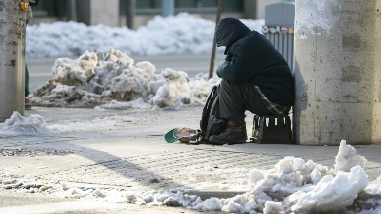 A man sitting on the street.