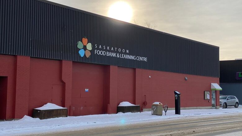 A red building in the winter.