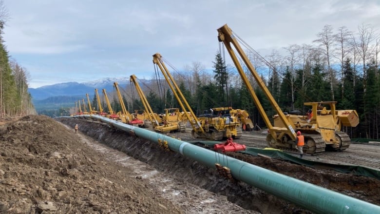 Heavy equipment and a construction worker are visible along pipes that are being lowered into the ground, with a snow capped mountain in the distance 