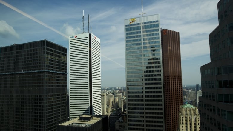 A panorama of the BMO, CIBC and Scotiabank skyscrapers in downtown Toronto is shown.