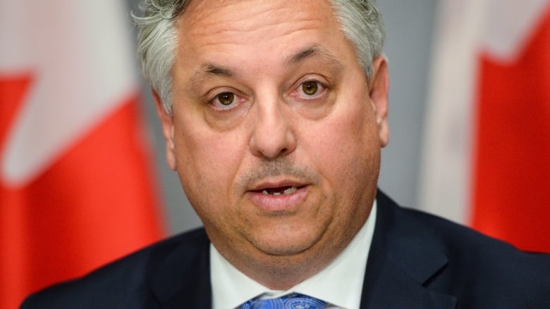 A man in a suit sitting in front of a Canadian flag.