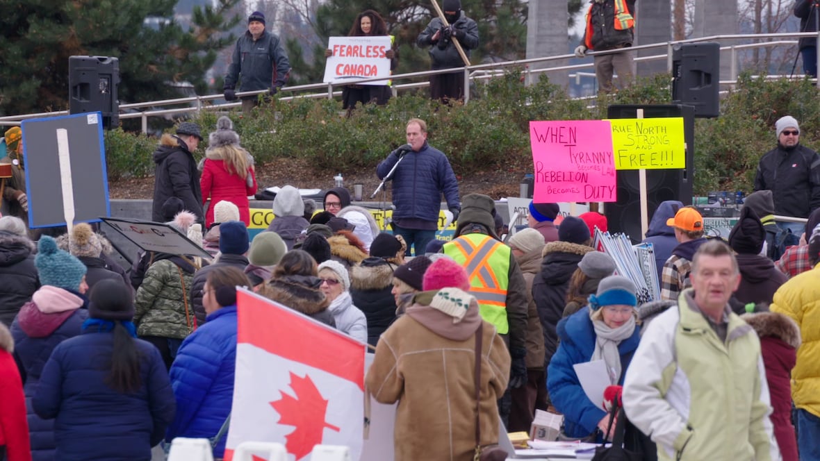 David Lindsay is seen speaking to a crowd of people at a protest rally demonstration at Kelowna's Stuart Park. 