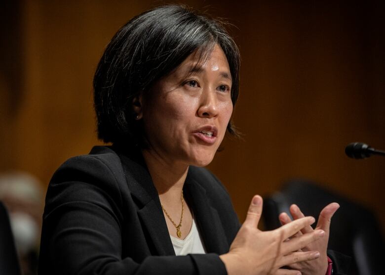 A woman sits at a microphone.