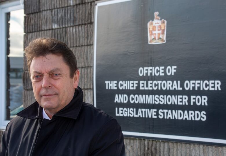 A man with brown hair stands outside, next to a sign that says 