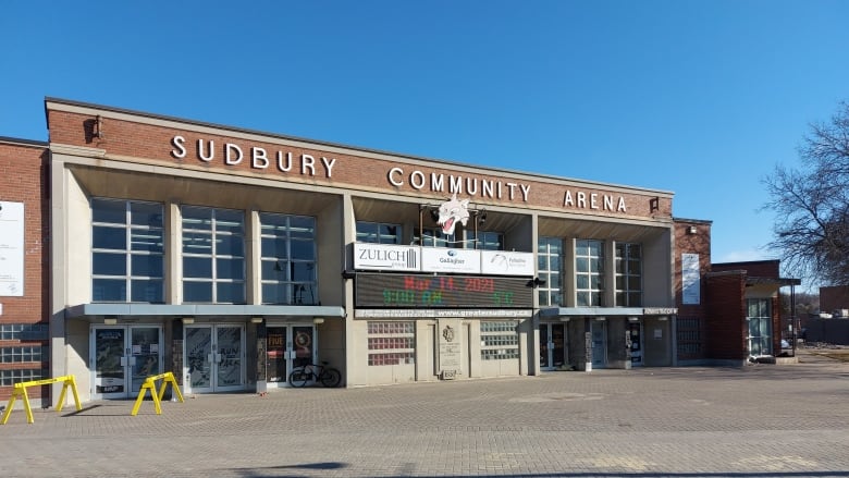 Outdoor photo of a hockey arena.