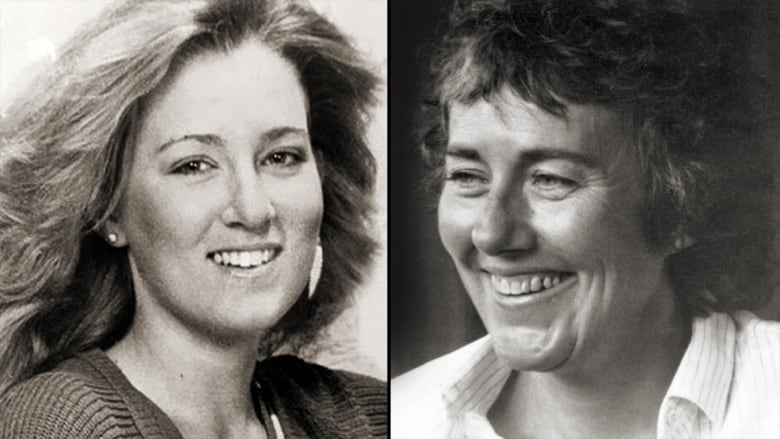 Side by side black and white photographs. On the left, a 22 year old smiling woman with long hair. On the right, a 45 year old smiling woman with short hair. 