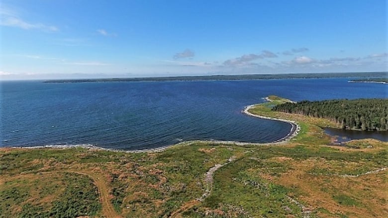 A piece of coastal land is shown on a sunny day.