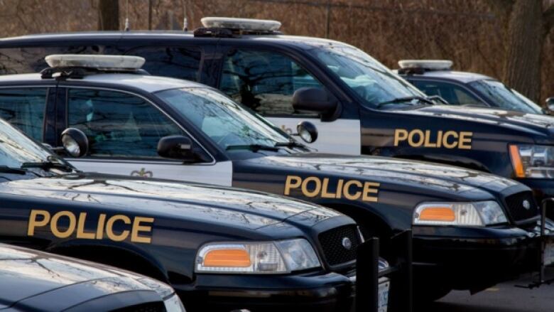 A row of OPP police cars are lined up at a parking lot. Photo taken from the side, shows 5 cars in the row.