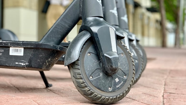 Low angle c/u of three Bird e-scooter devices resting on stands on Stephen Avenue beside the downtown Hudson's Bay store. 