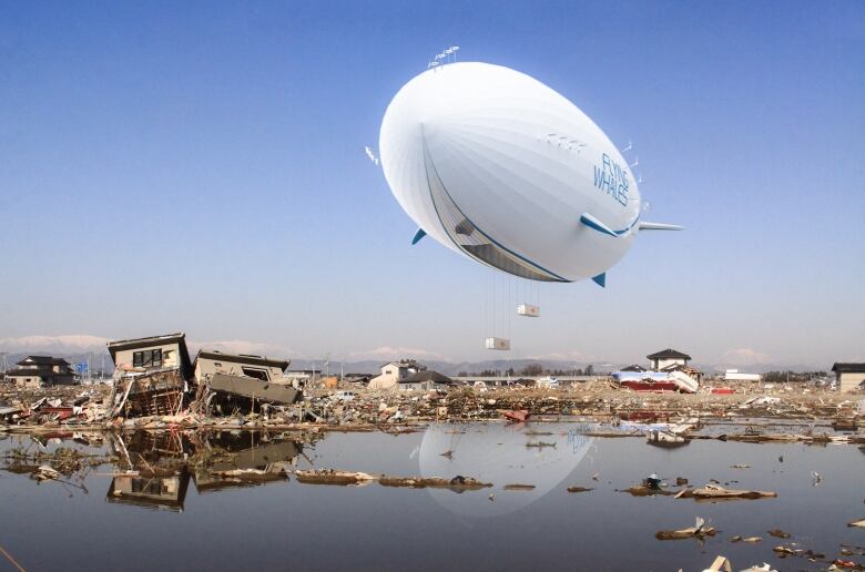 A rendering of an airship above water.