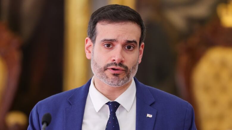 A man with dark hair and a grey beard wearing a blue suit jacket, a white collared shirt and a mostly blue tie.