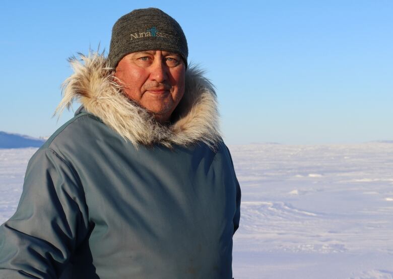 A man stands in front of barren, snow covered land wearing traditional, warm clothing. 