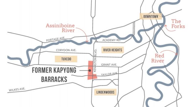 Line map of Winnipeg showing former Kapyong Barracks.