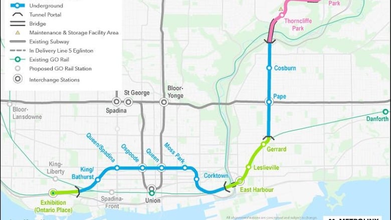 A map showing the subway stops for the Ontario Line.