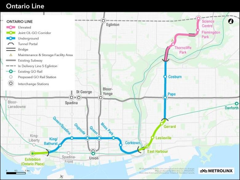 A map showing the subway stops for the Ontario Line.