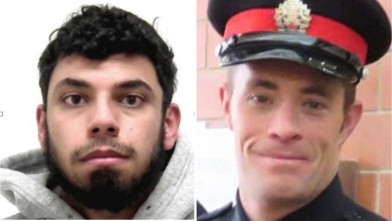 A man on the left poses for an arrest photo, a man on the right wears a police dress uniform and hat.