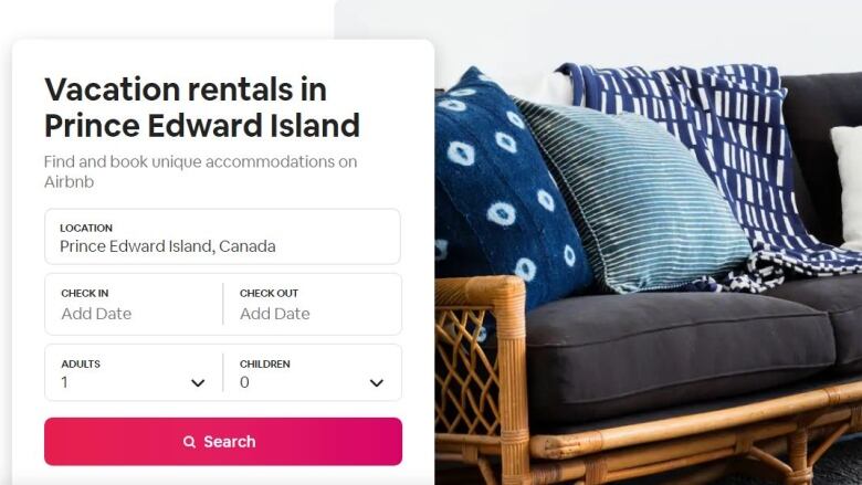 Screen shot of an Airbnb search for rentals on P.E.I.