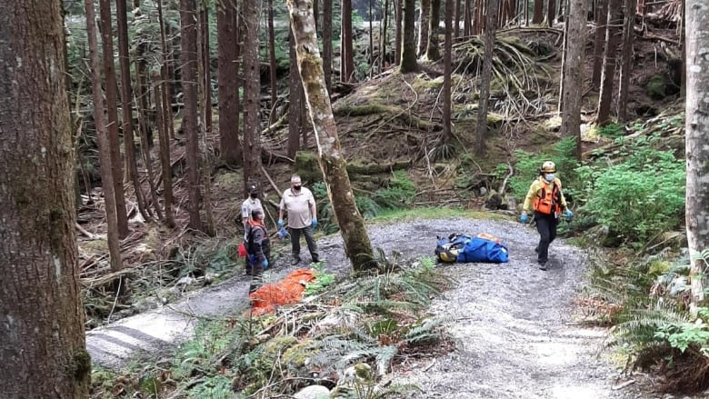 Four people in rescue gear on a forested trail.