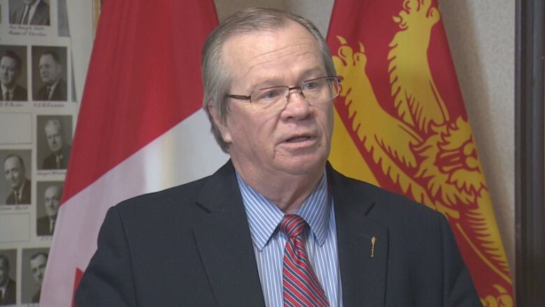 A grey-haired man in glasses and a suit stands in a room in front of the Canadian and the New Brunswick flags.