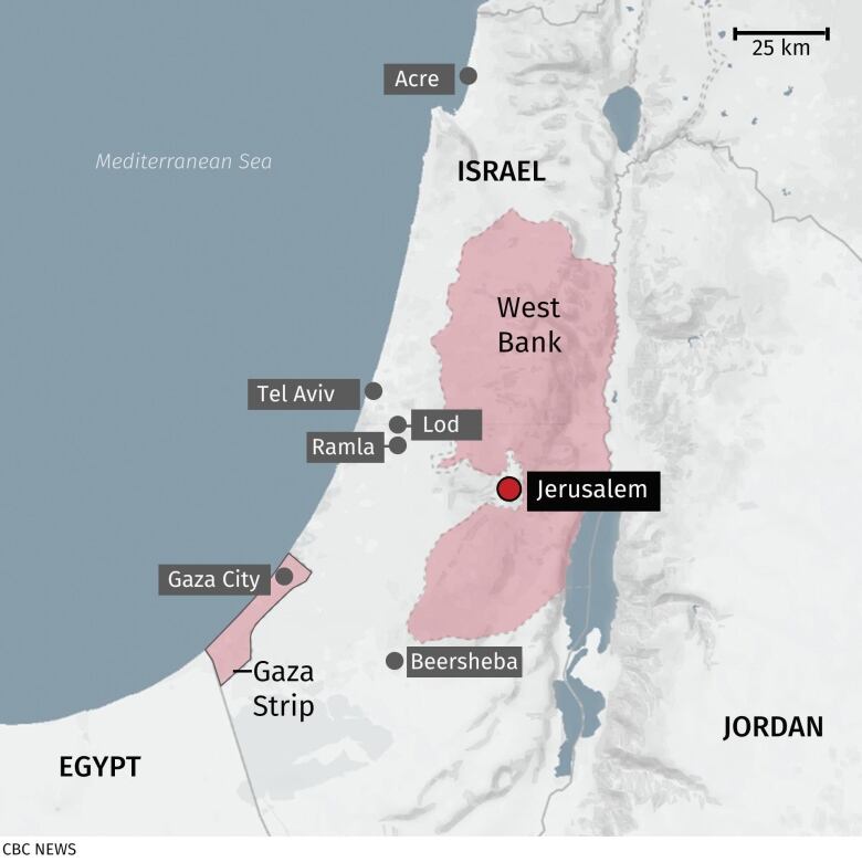 A map shows the West Bank and Gaza shaded in red.