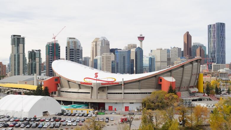 The Saddledome seen against the Calgary skyline in summer. 