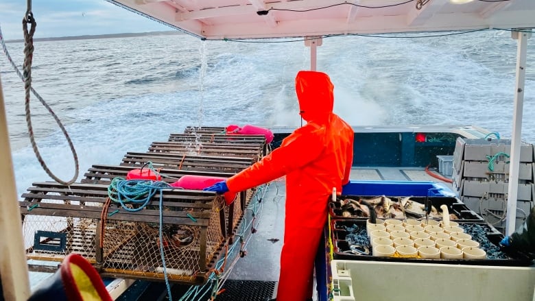 Person wearing bright orange rain suit with hand on lobster traps on running board of boat, in motion on water. 