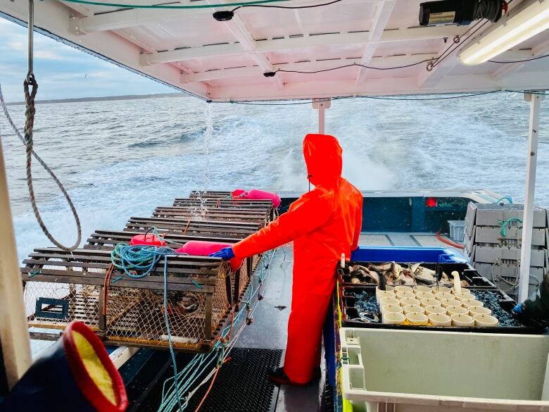 Person wearing bright orange rain suit with hand on lobster traps on running board of boat, in motion on water. 