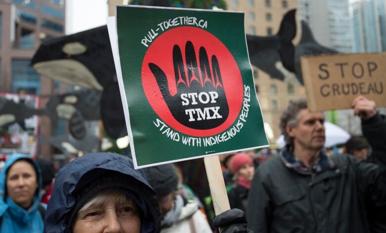 Protesters against the Trans Mountain pipeline expansion stand outside holding signs.