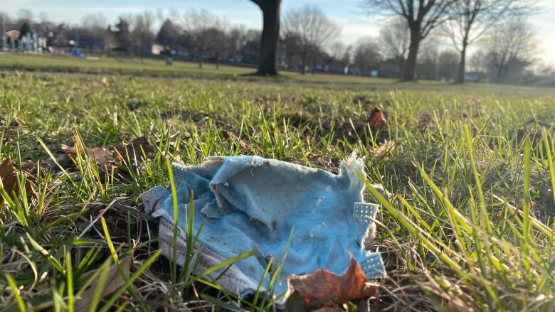 A tattered medical mask lying in grass.