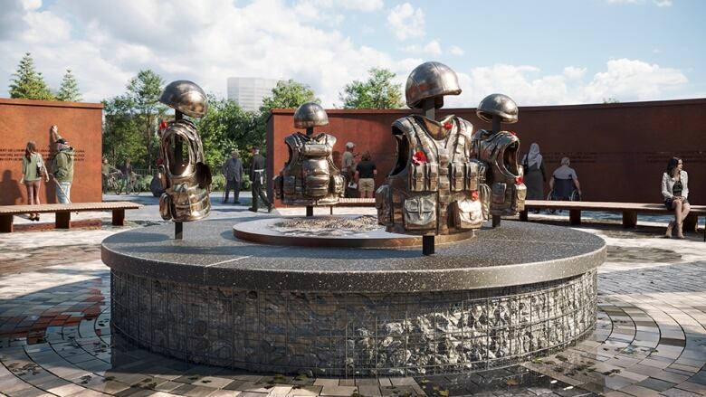 An artist's impression of a proposed memorial shows four sets of soldiers' helmets and equipment vests, facing each other in a circle. 