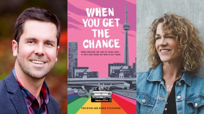 One white man with short brown hair, one white woman with curly blond hair. Illustrated book cover of Toronto skyline and a rainbow road with a pink sky.