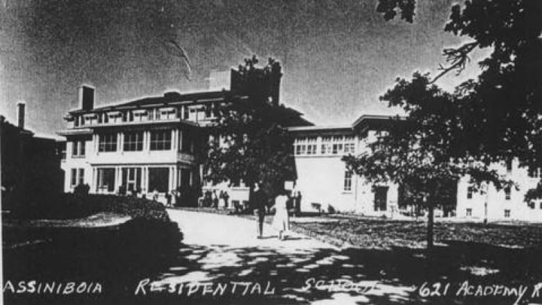 A black and white photo shows a building and is labelled 