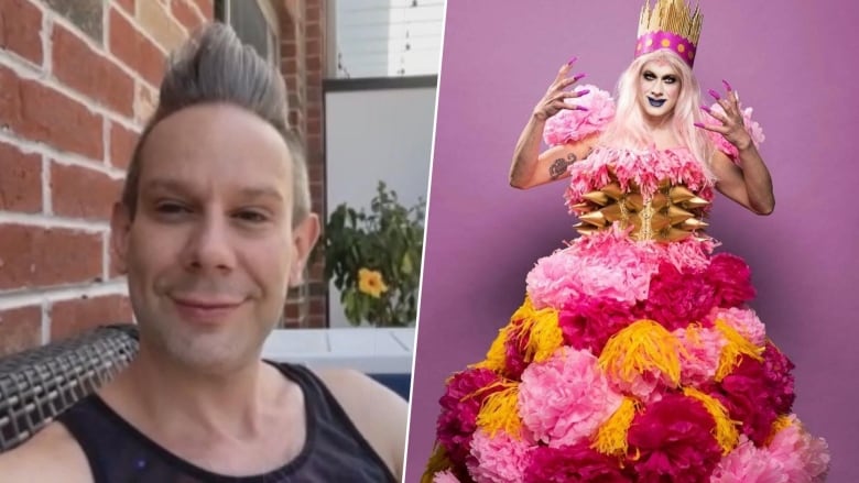 A composite image shows a person smiling for a selfie and a performer in drag.