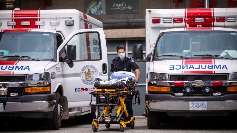 A B.C. Ambulance Service paramedic is pictured outside of St. Pauls Hospital in Vancouver, British Columbia on Wednesday, June 30, 2021. 