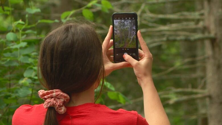 Woman in red shirt seen from behind holding up a smartphone. 