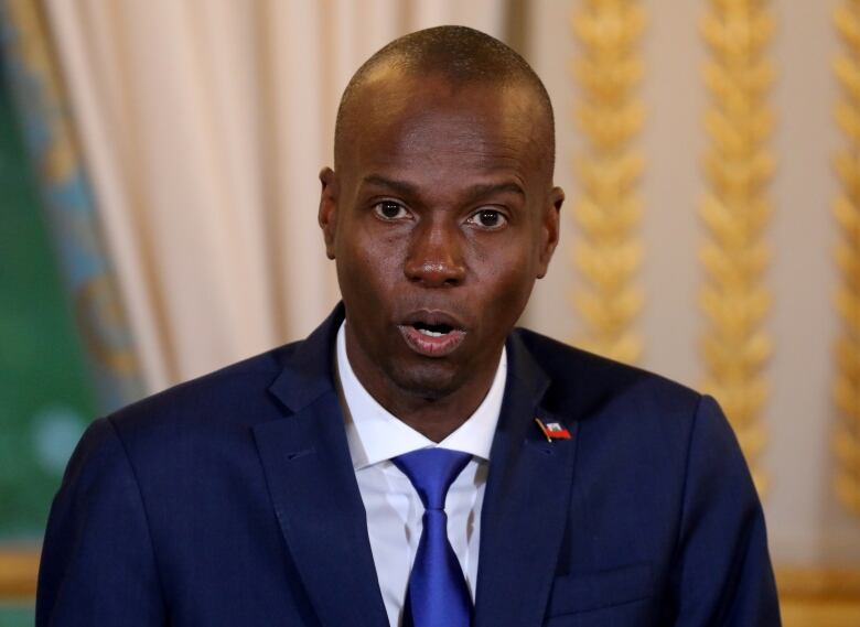 Haitian President Moise Jovenel speaks during a press conference.