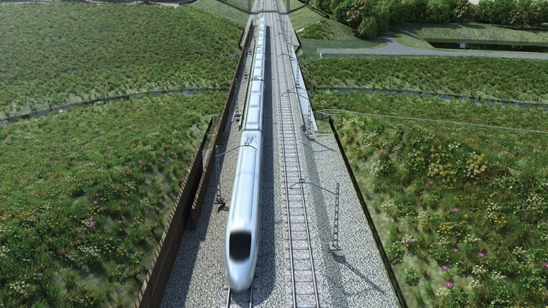 Rendering of a modern train going through a scrubby prairie landscape.