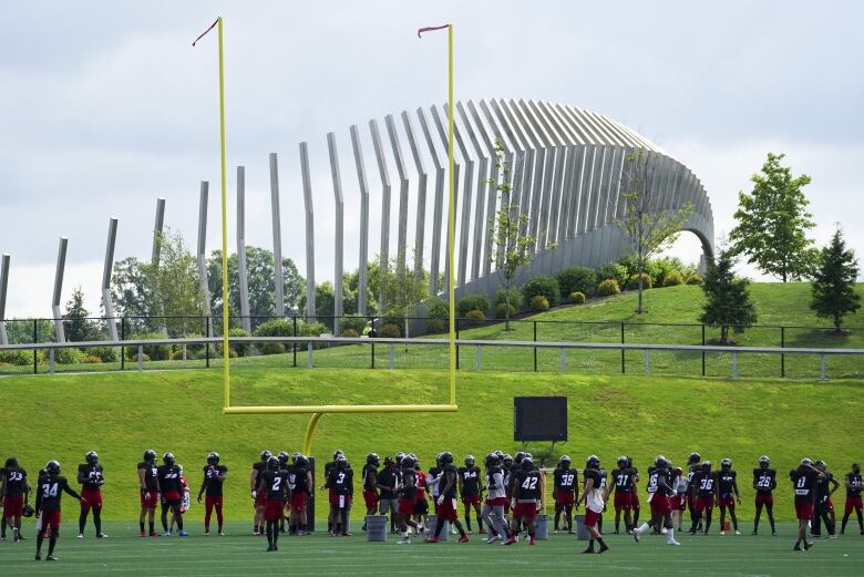 football players in black tops and red bottoms stand on a field