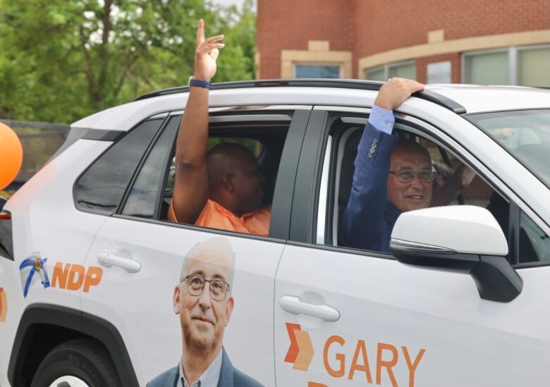 Two men sticking their arms out of a car window