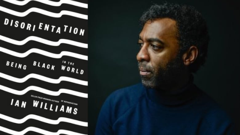 Disorientation by Ian Williams. Illustrated book cover of white squiggly lines. Headshot of a Black man in a navy blue shirt.