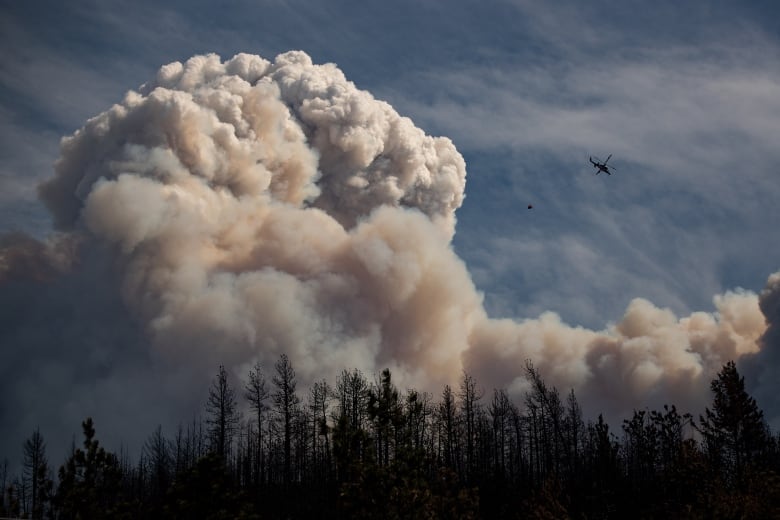 A helicopter flies near a large wildfire.