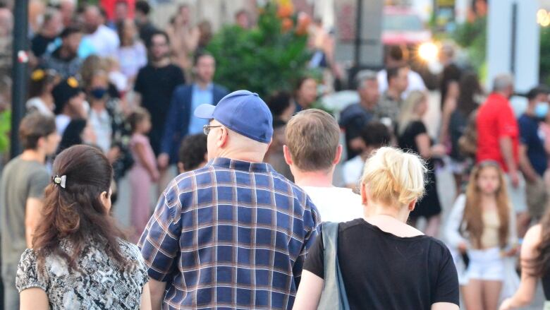 Crowd of people walking, seen from behind