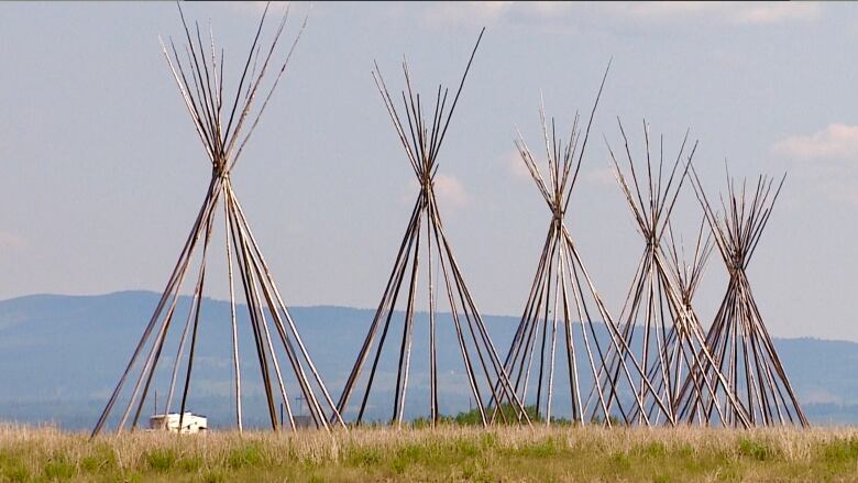 Structures in front of a mountain. 