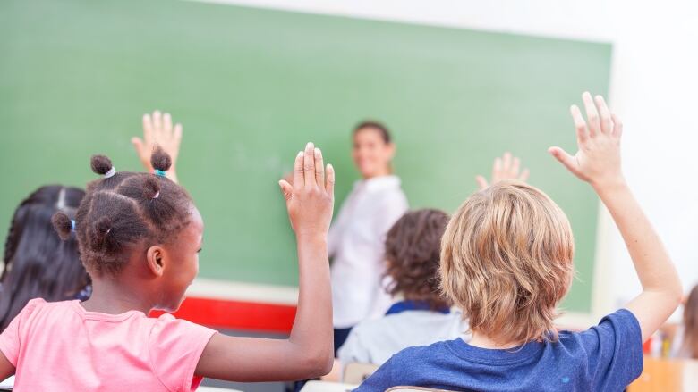 Elementary school students raising their hands and sitting in front of the classroom's chalkboard, with a teacher standing at the front. 