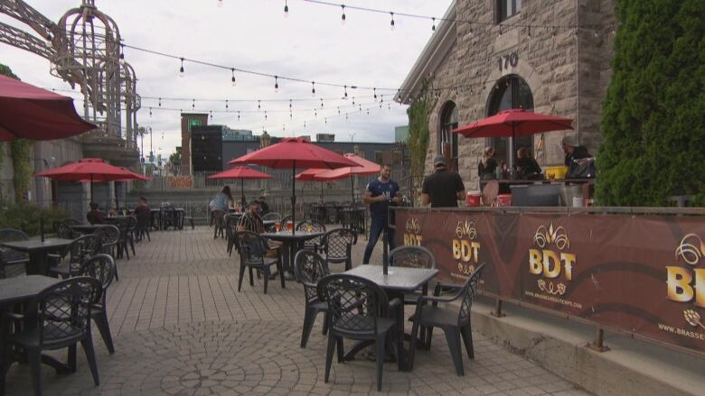 A gastropub's patio on a cloudy day.