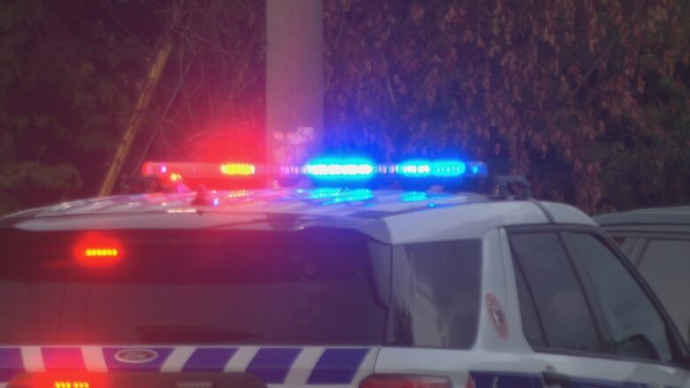 Red and blue flashing lights are shown atop a police vehicle at night.