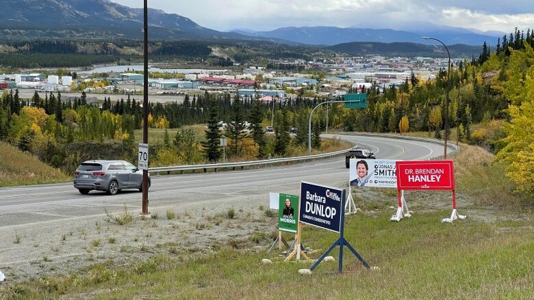 Election signs along a road.